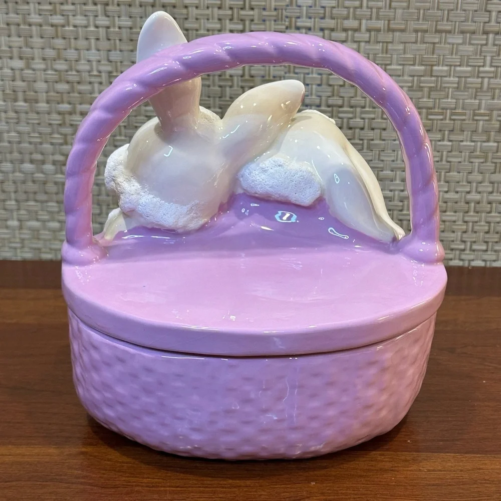 🌟3xHP🌟VTG 1980s Lavender Ceramic Bunny Lidded Easter Basket Candy Dish Hobbyist - Picture 7 of 11